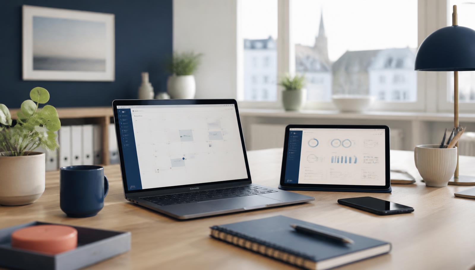 Arbeitsplatz eines kleinen Betriebs mit digitalem Kalender und Auftragsübersicht