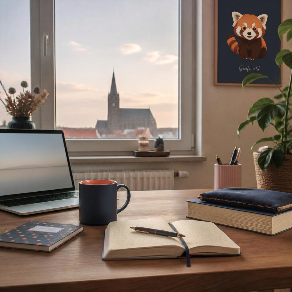 Arbeitsplatz in Greifswald mit Blick auf den Dom, Laptop, Notizbuch und Kaffeetasse